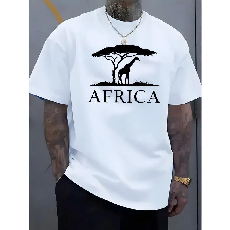 European Size A Men's Short-sleeve T-shirt, Featuring a Vintage African Adventure Design! Printed with a Giraffe and Tree Silhouette Pattern