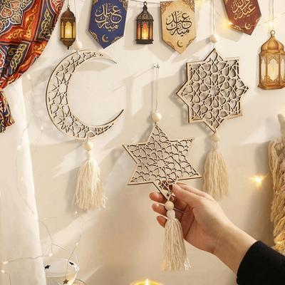 Avec Pompons Lune Étoile Maille Creuse Décor Mural Artisanat en Bois Pendentif Célébration du Ramadan