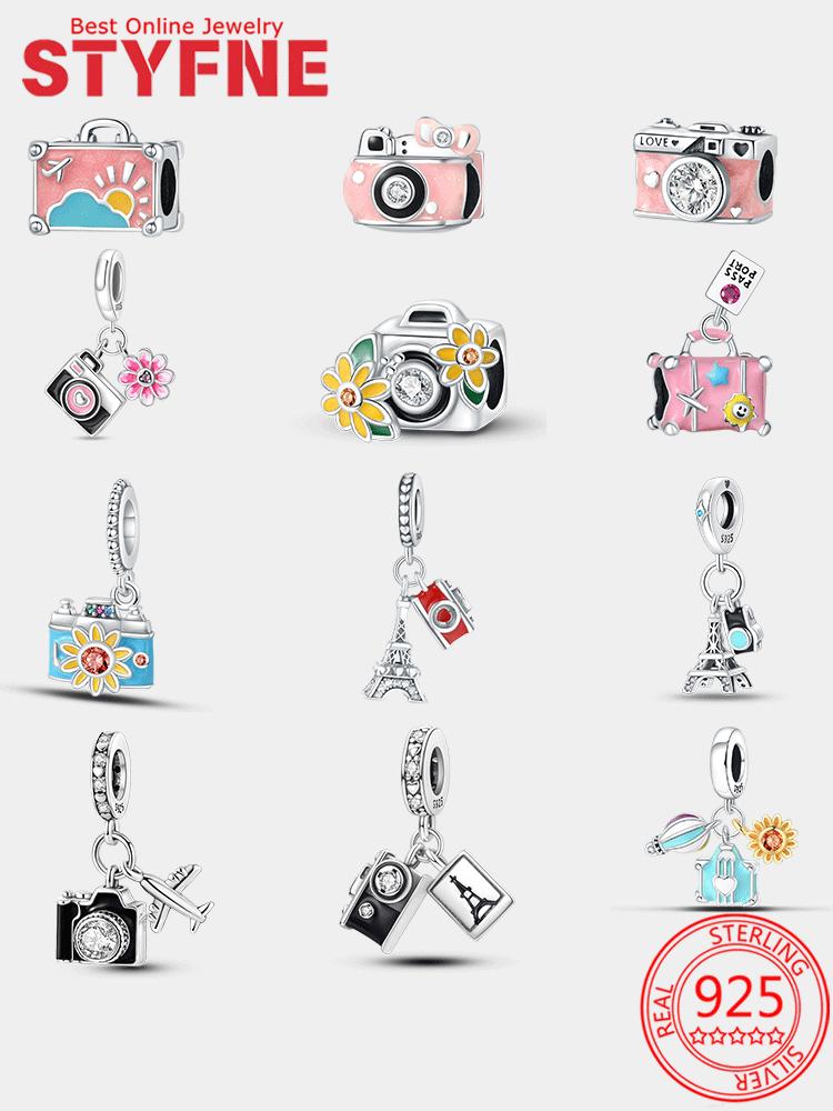 Original Copper Suitcase Pink Camera Plane Paris Tower Charms Beads Pendant Fit Diy Women Bracelet Jewelry Delicate Gifts