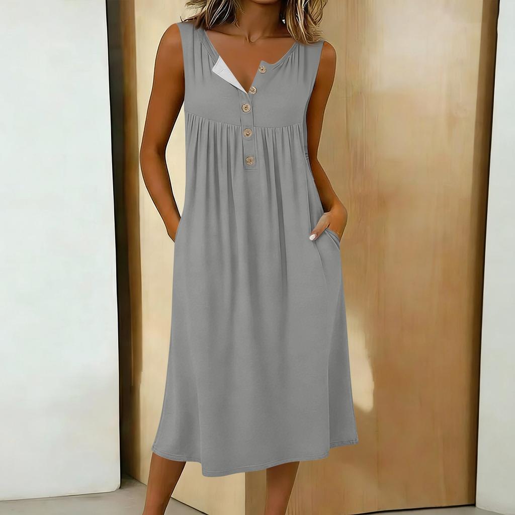 Women's Casual Sleeveless Button-down Mid-length Dress