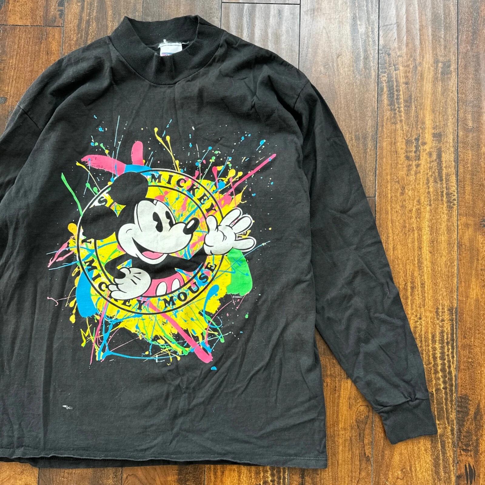 Mickey Mouse Disney Splatter Long Sleeve Black Vintage T Shirt 90s USA Cool M