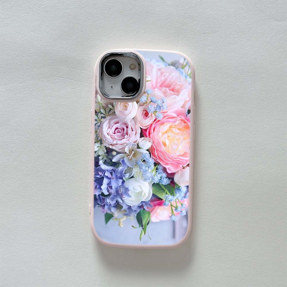 N48 Flower Peony Vase Soft Back Cover for iPhone 14 15 Pro Max Samsung A54 A22 Xiaomi Poco X5 Redmi Huawei Realme Plating Frame Camera Protector Case