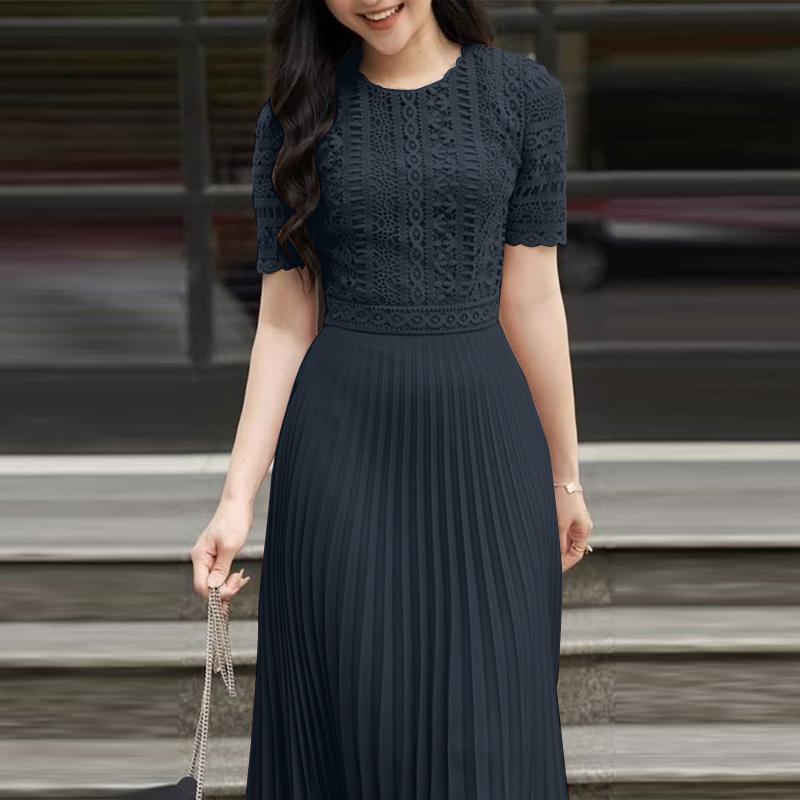 

ZANZEA Женское повседневное летнее платье с коротким рукавом, пэчворк из кружева с вышивкой S тёмно-синий