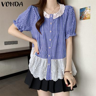 Women Short Sleeve Plaid Lace Crochet Ruffled Casual Blouse