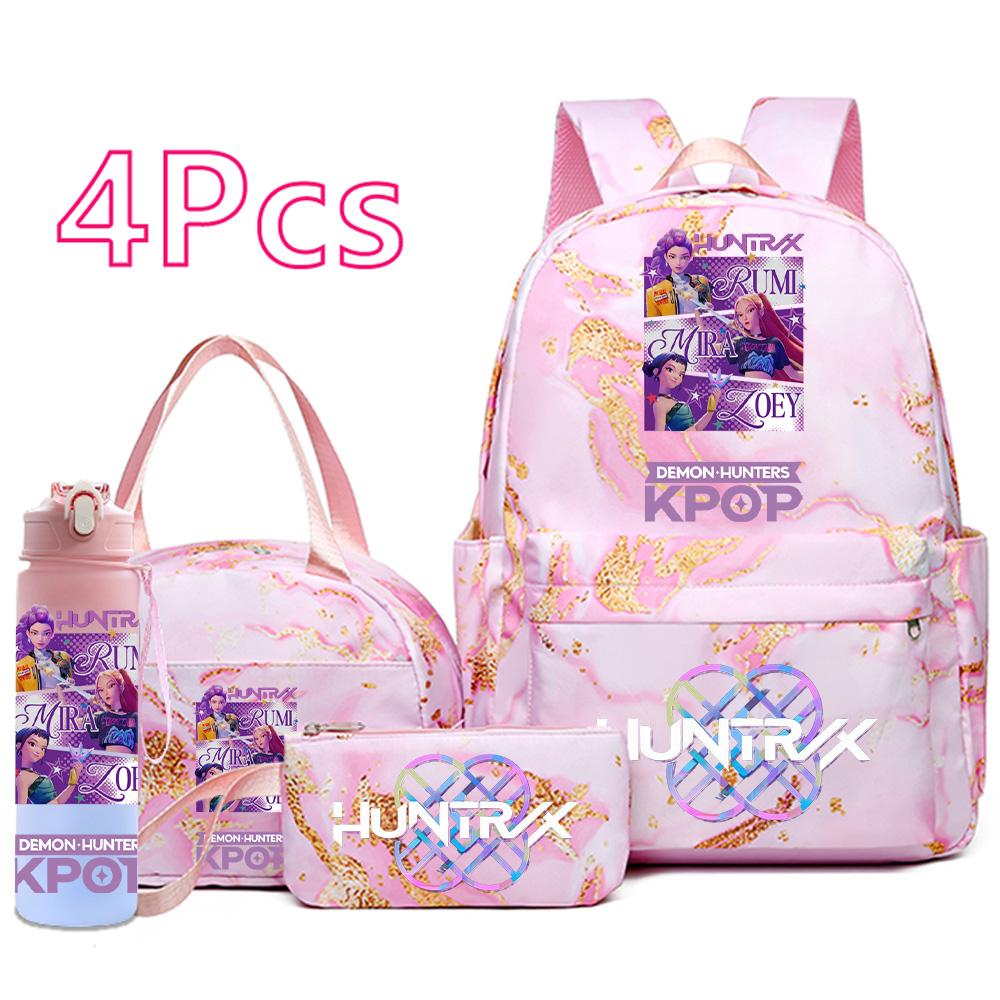 4Pcs/set Cartoon K-Pop Printed Backpack Handbag Pencil Case with 750Ml Water Bottler for Teenager Boy Girl Schoolbag Large Capacity Bookbag Mochila
