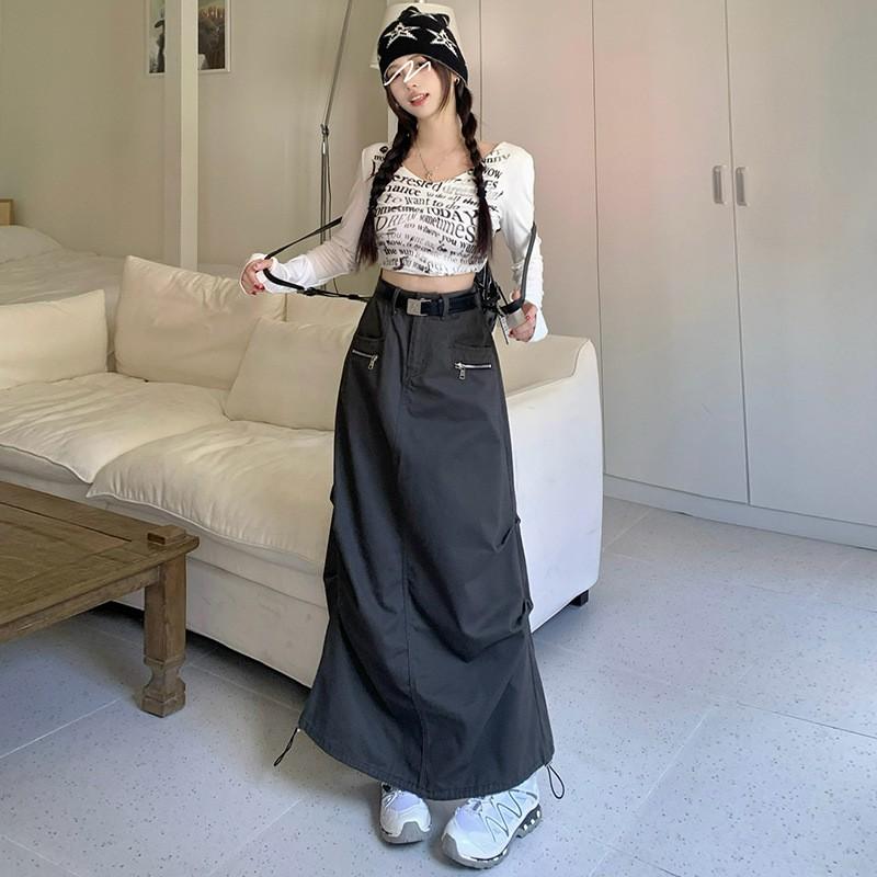 Iced Americano High Waist Adjustable Gray Cargo Midi Skirt XS-XL Chenille