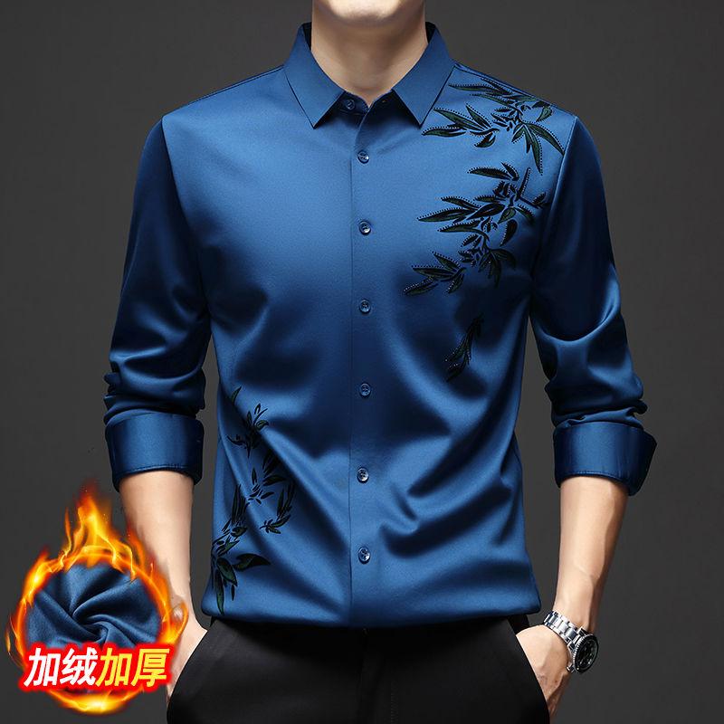 Autumn Winter Plus Fleece Men Shirts Printing Anti-Wrinkle Thermal Turn-down Collar Long Sleeve Banquet Single-breasted Tops