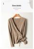Women's Elegant V-Neck Wool Sweater: Autumn/Winter Fashion Long Sleeve Knitwear with Drawstring.