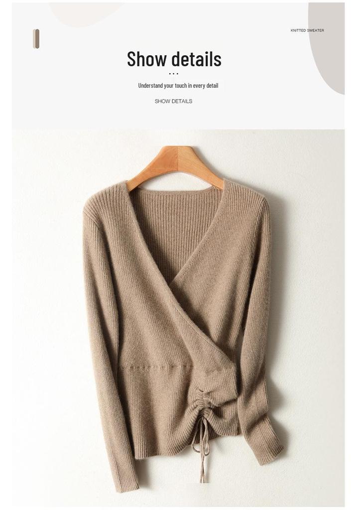 Women's Elegant V-Neck Wool Sweater: Autumn/Winter Fashion Long Sleeve Knitwear with Drawstring.