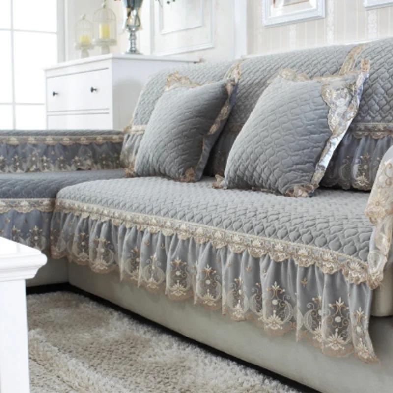 European Style Large Skirt Sofa Mat Four Seasons Short Plush Anti Slip Sofa Cover Simple Lace Solid Color Backrest Towel