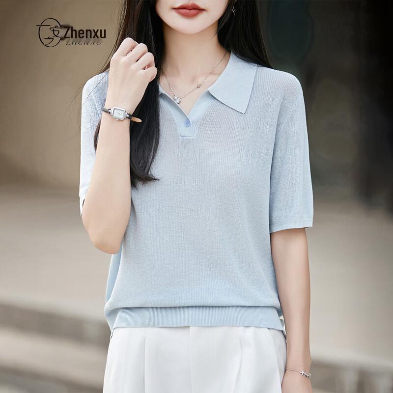 Zhenxu Women's Tencel Linen Polo Knit Top