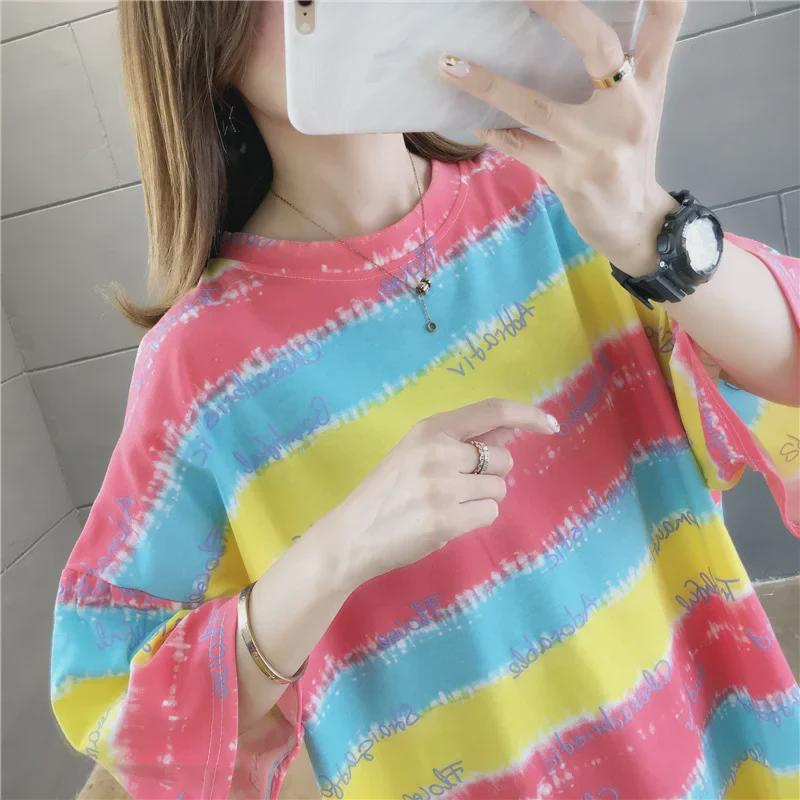 Trendy Korean-Style Loose Striped Short-Sleeve T-Shirt for Women