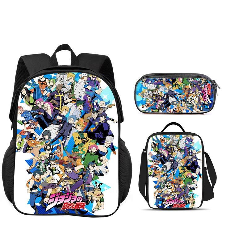 JoJo's Bizarre Adventure 3er Set Rucksack Federmäppchen Eisbeutel Langlebig Trendig Vielseitig Schuljunge und Mädchen Geburtstag Bestes Geschenk