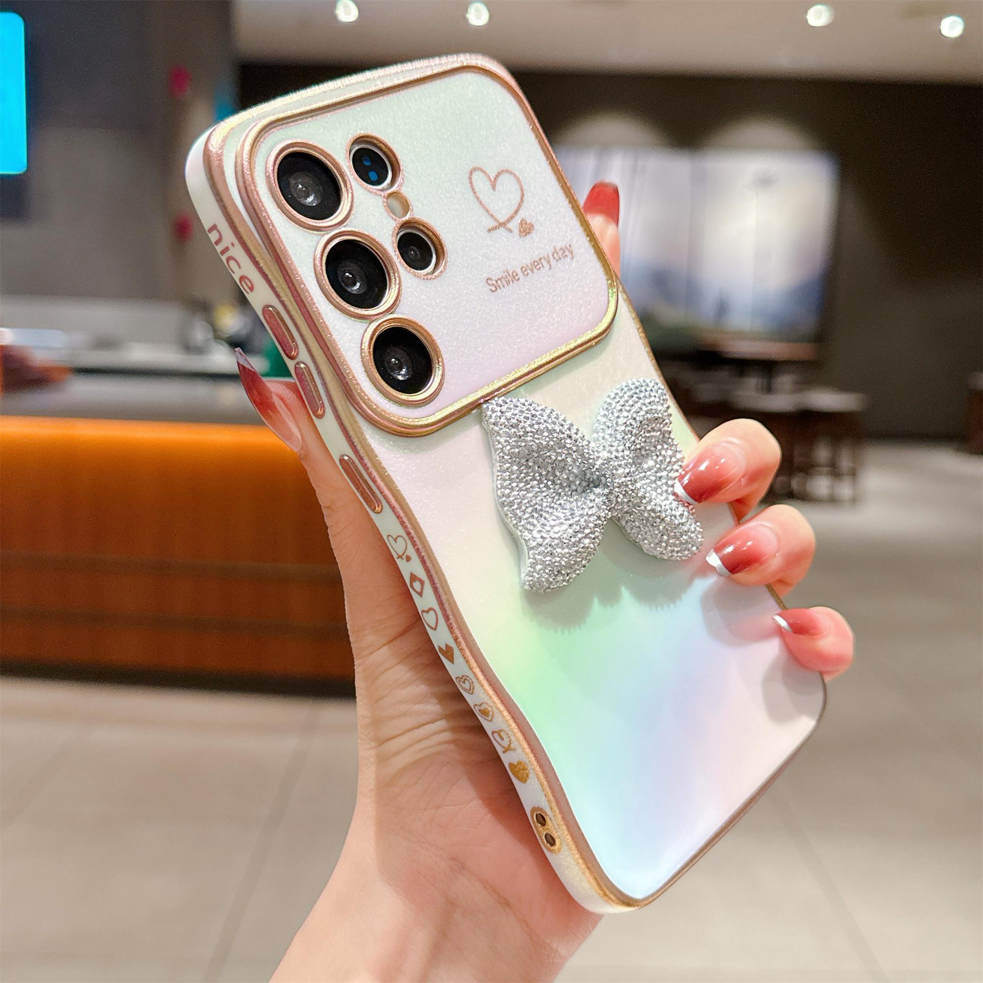 

For Samsung Galaxy S25 Ultra Case Wave Edge Bow Decorated Soft TPU Phone Back Cover with Heart Pattern White