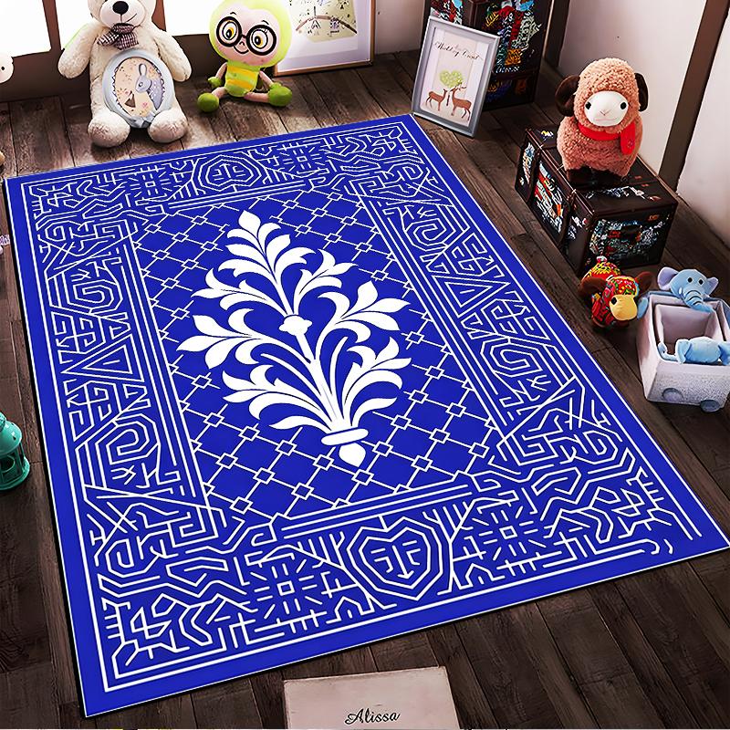 Floral Pattern Carpet with Geometric Border Design in Blue and White Suitable for use as an anti-slip for living room bedroom sofas