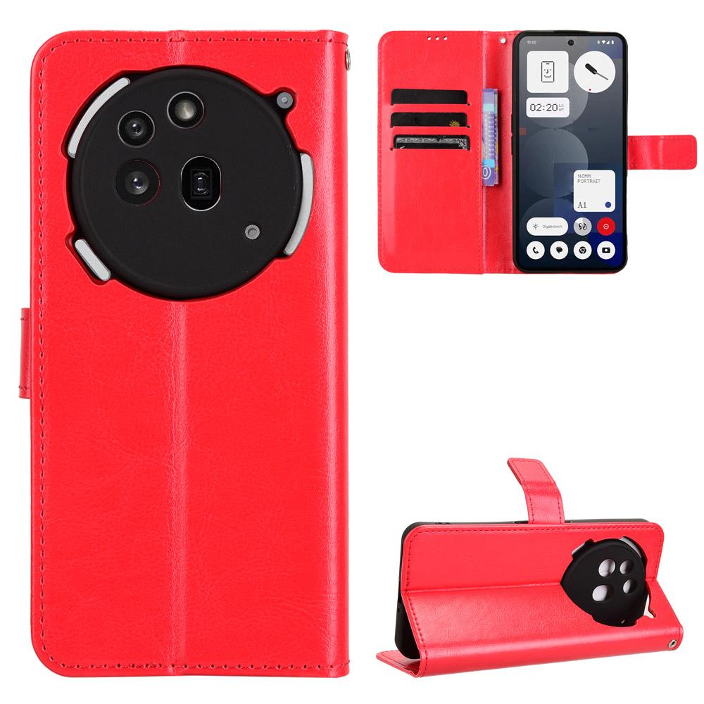 

For Nothing Phone (3a) Pro PU Leather Case with Strap Crazy Horse Texture Phone Wallet Cover Red