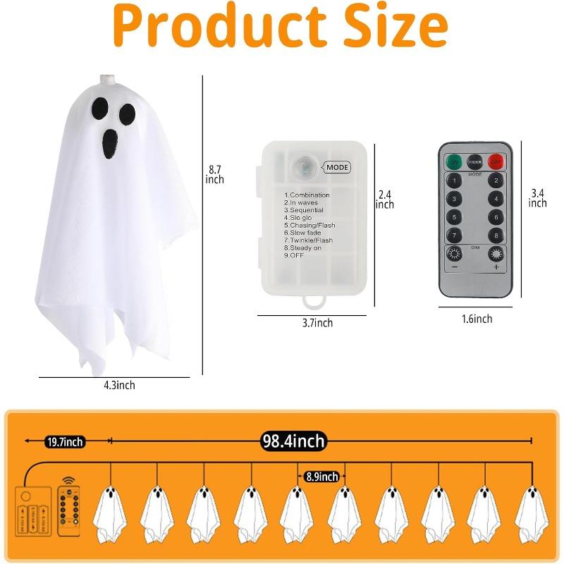 10LED Halloween Ghost Decorations with Remote Control String Lights Spooky Holiday Ornaments for Indoor Outdoor Porches Yards Gardens Lawn Party