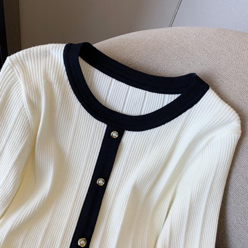 Modischer Patchwork Colorblock Strickpullover mit Trompetenärmeln für Damen