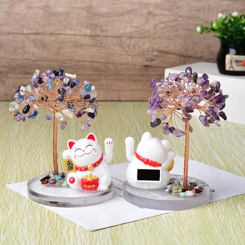 Solar Energy Shake Hands Lucky Cat Base Fate Tree Office Home Natural Crushed Stone Life Tree Handwoven Weaving Decor