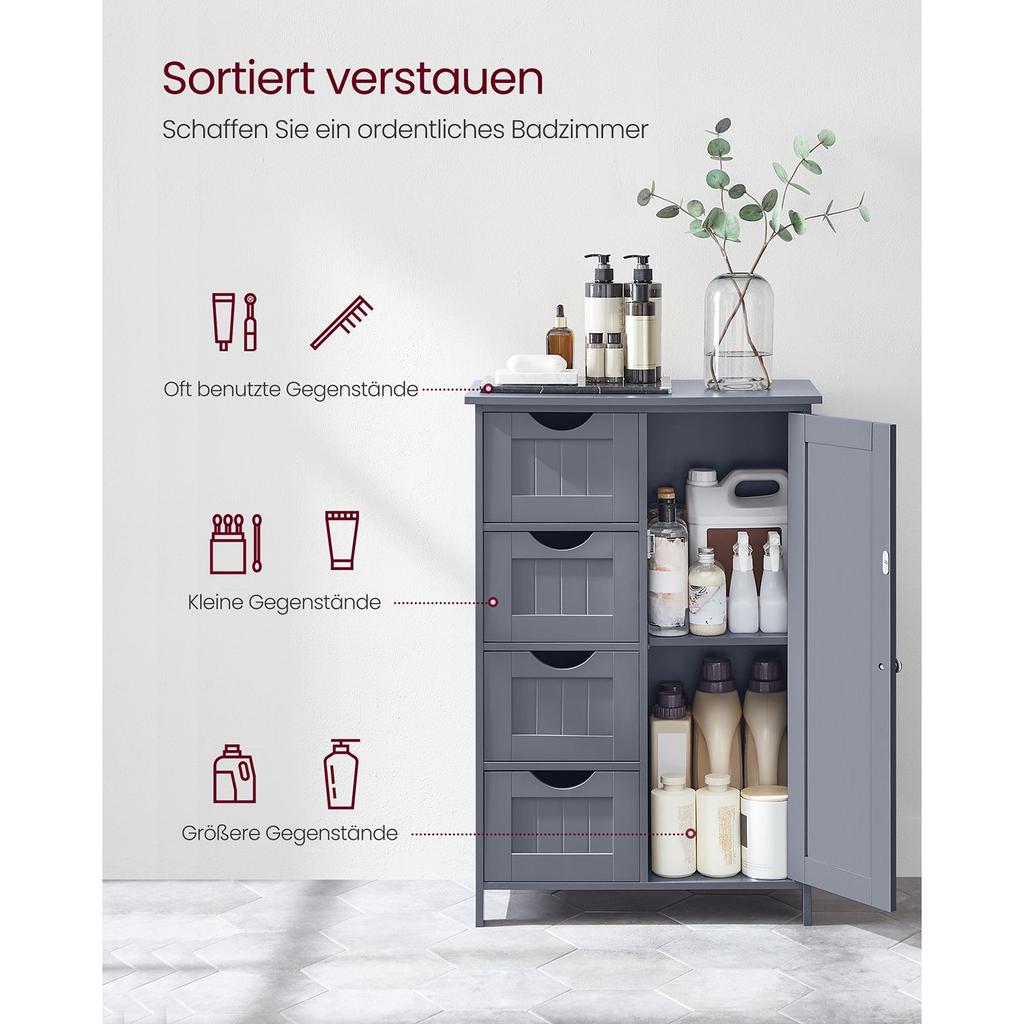 VASAGLE Bathroom Floor Storage Cabinet, Bathroom Storage Unit with 4 Drawers, Bathroom Cabinet Freestanding, with 1 Door, Adjustable Shelf
