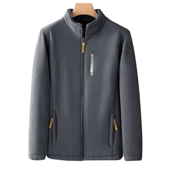 Men Autumn Winter Fleece Lining Jacket Stand Collar Long Sleeve Pockets Coat Solid Color Zipper Placket Outerwear