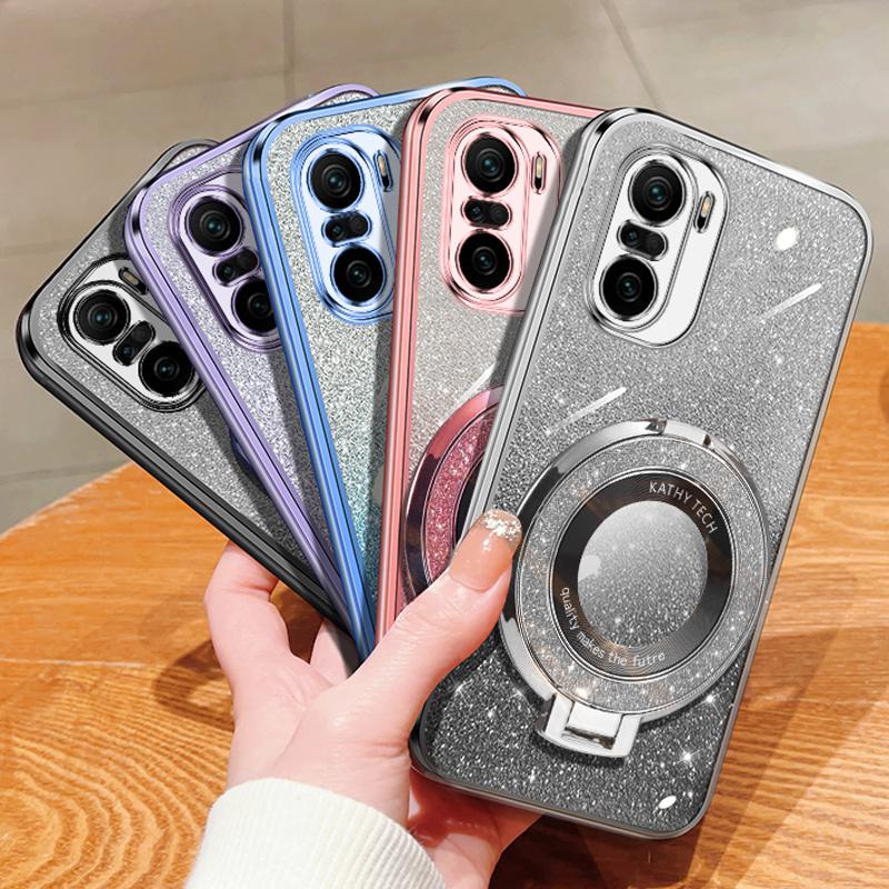 Bling Ring Holder Detachable Glitter Sticker Chromed TPU Case With Stand For Xiaomi Redmi K40 K30 Pro K40S K30S Ultra