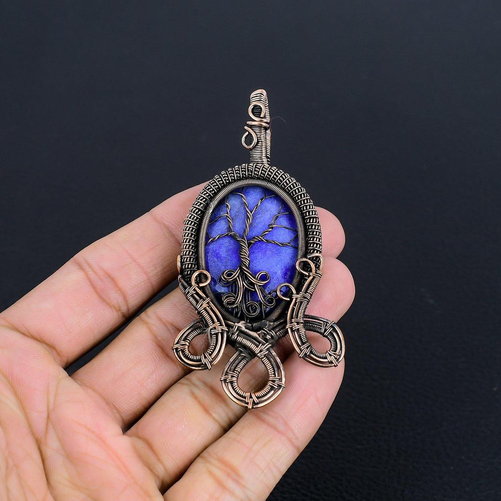 Blue Sapphire Pendant, Handmade Gemstone Pendant, 999 Copper Wire Wrapped Pendant Antique Jewelry, For Engagement Gift