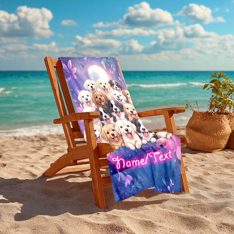 1PC Custom Name Puppy Moonlit Beach Towel Highly Absorbent And Sand-Resistant Towel for Swimming, Pool, Yoga, And Travel Lightweight