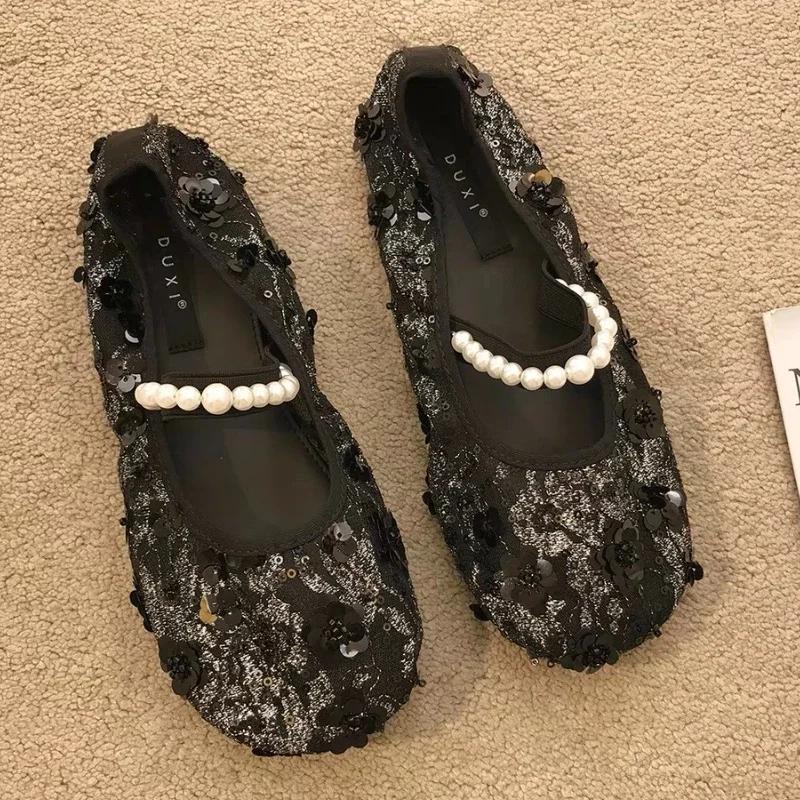 

Модные Блестящие Сетчатые Туфли-балетки с бусинами Женские Роскошные Дизайнерские Босоножки Мэри Джейн Комфортные Элегантные Мягкая Подошва Повседневная Обувь 35 чёрный