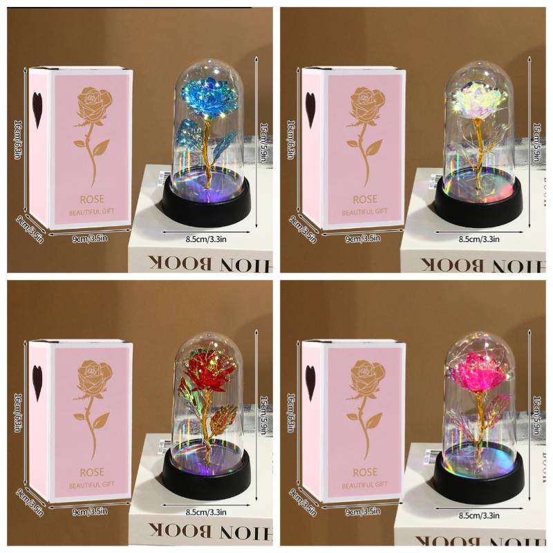 Eternal Rose in Glass Dome Desk Accessorie Artificial Flower Glow LED Roses Flores Eternas Birthday Christmas Gifts Room Decor