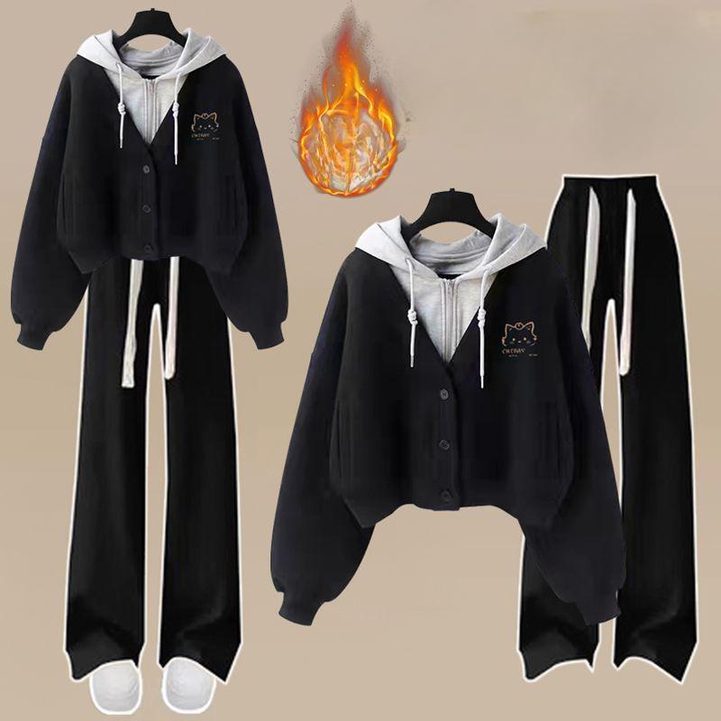 

Весняний та Осінній та Зимовий Модний Костюм Жіночий Двошаровий Худі Спортивний Костюм Штани Костюм з двох предметів M