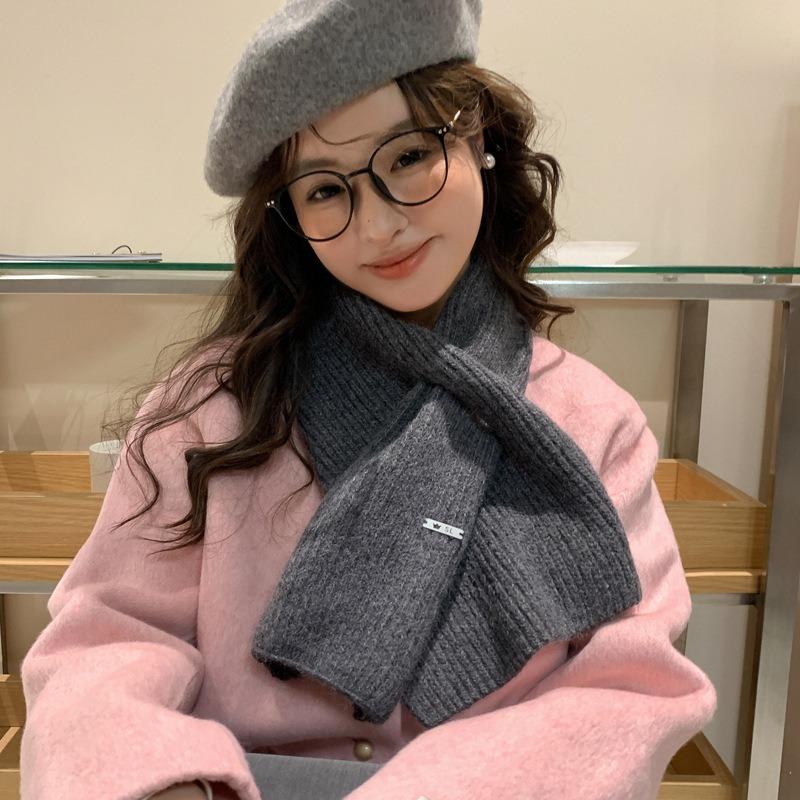 Gray cross wool small scarf women's winter new versatile warm knitted neck protection scarf