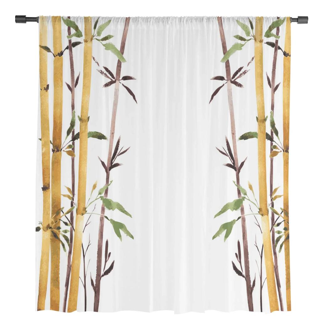 Bamboo Watercolor Painting Plant Art White Tulle Sheer Curtains for Living Room Bedroom Window Curtain Voile Organza Drapes