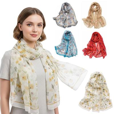 Breathable Silk Scarf Floral Print Long Wraps Portable Beach Shawl for Women