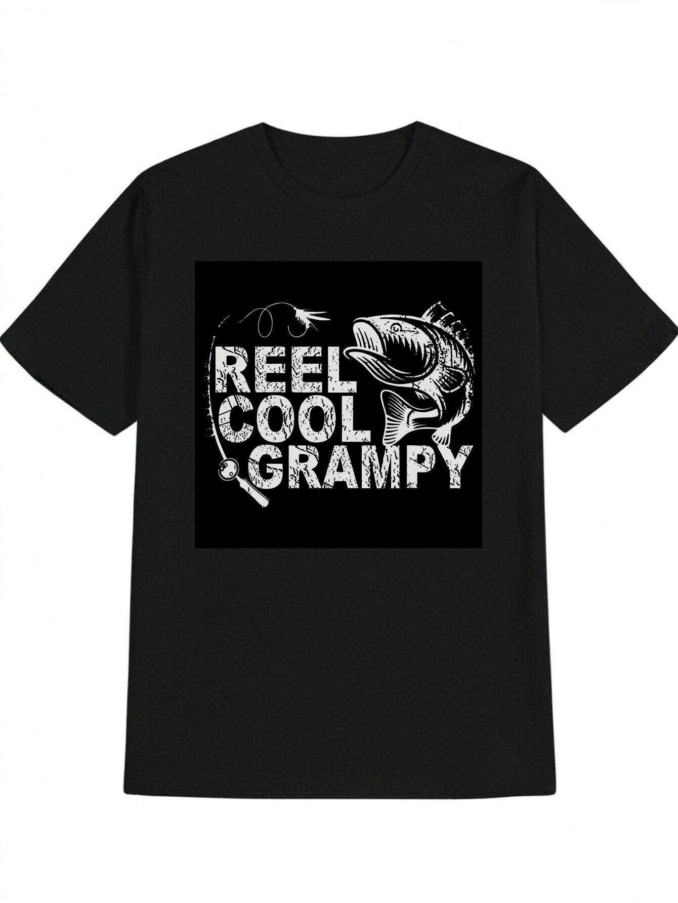 Casual Crew Neck T-shirt with  REEL COOL GRAMPY  Fish Hook Print - Black XL
