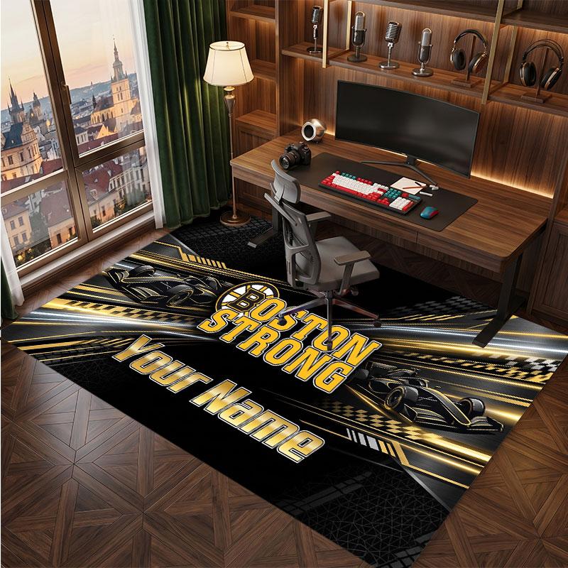 Boston Bruins Personalized Crystal Velvet Carpet, Customized Name Text Soft Anti‑Slip Rug for Living Room Bedroom