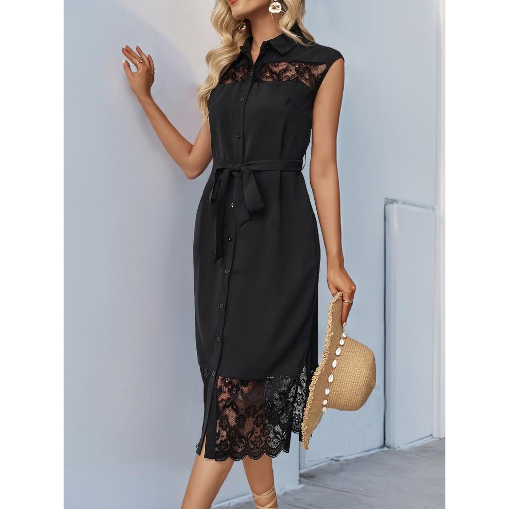 Summer Solid Color Elegant Lace Lapel Minimalist Style European American Dress Crossborder Hot Sale