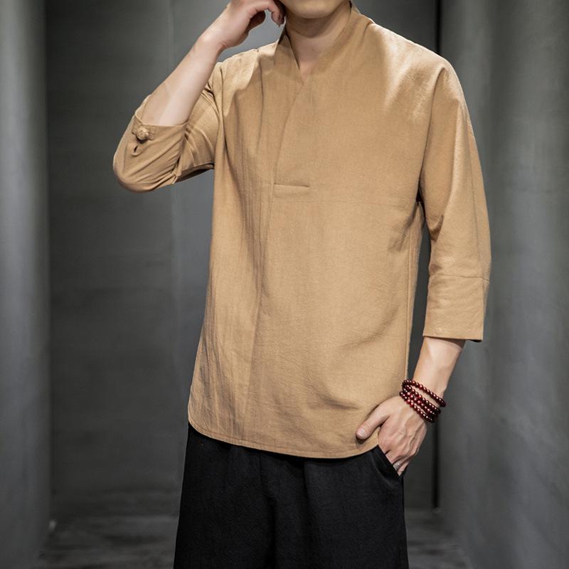 2025 Men's Retro Cotton Linen T-Shirt – Chinese & Japanese Style, Short & Seven-Sleeve, Plus Size, Solid Color