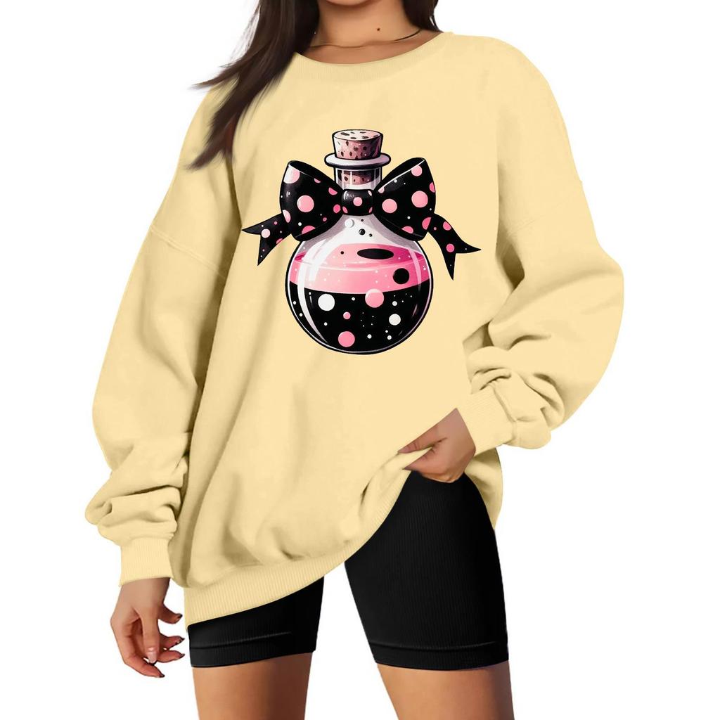 Women's Long Sleeve Neck Sweatshirt Loose Fit Casual Pullover Top with Small Halloween Print