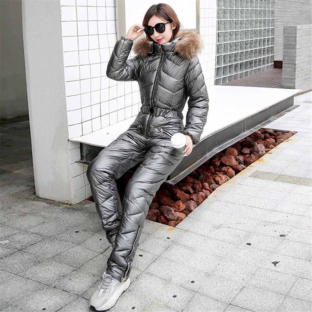 Winter New One Piece Ski Suit Women Solid Color Down-cotton Glossy Set Hooded Outdoor Suitable Cold Weather -20 ℃ Warm Set