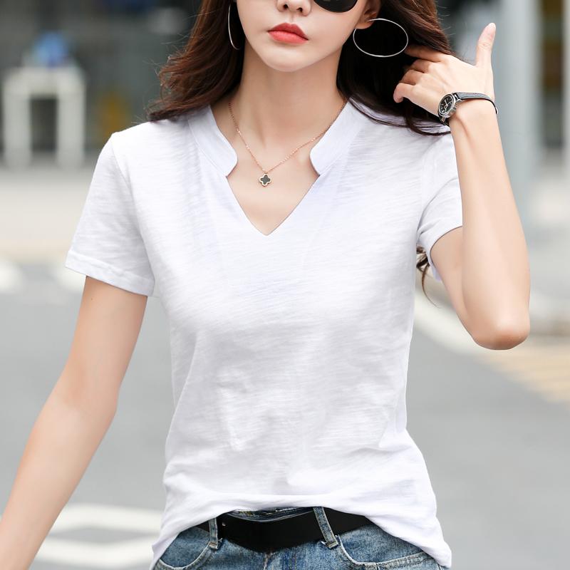 Summer Solid Loose Short Sleeve Women's T-shirt Fashion Top V-neck Casual Cotton Base T Shirt for Women Simple Office Ladies Plus Size Tee Shirt 24995