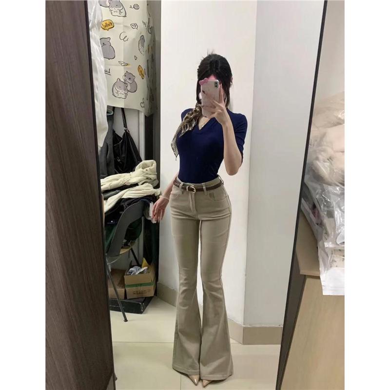 Khaki High-Waisted Slimming Micro-Flare Jeans for Women Extra Large
