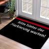 German Sign Doormat – “Bitte Hinter Der Markierung Warten!” Black with Red Stripe, Flannel Non-Slip, Machine Washable, Entryway