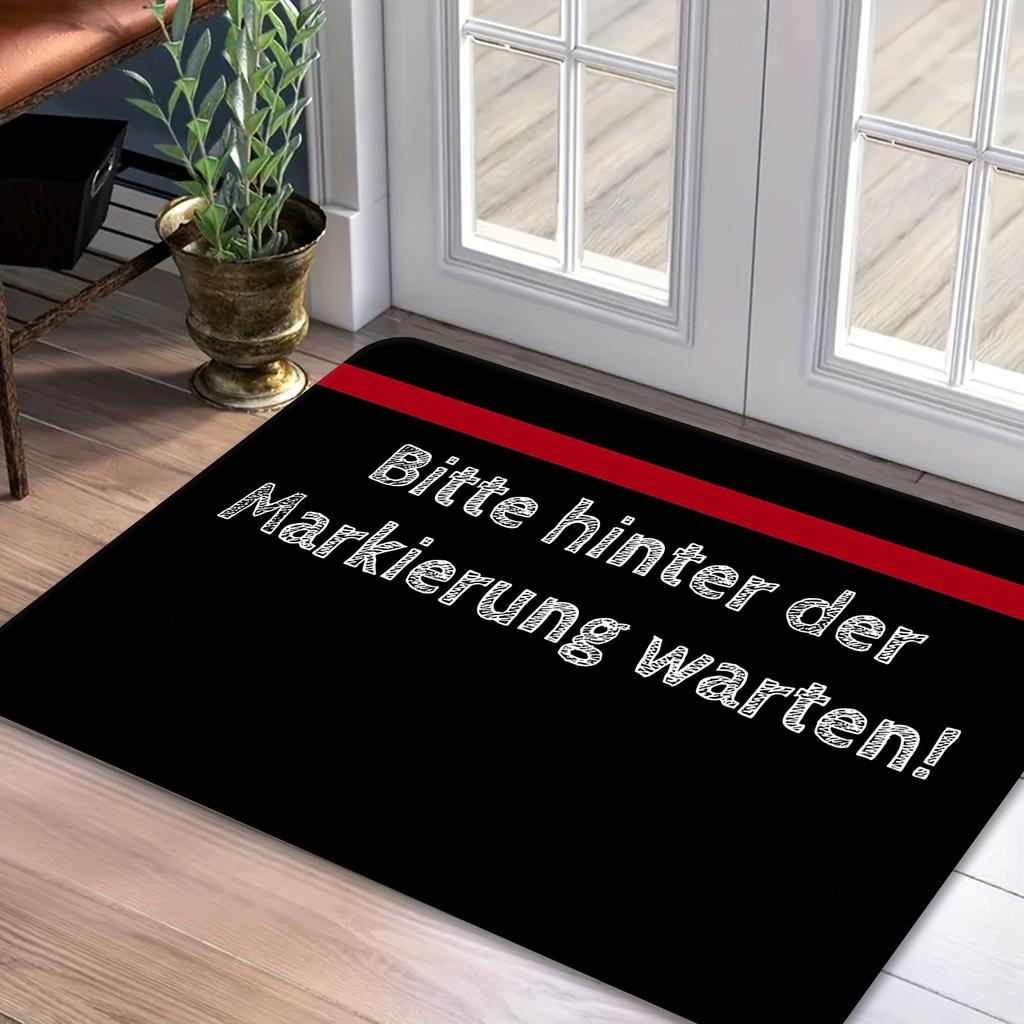 German Sign Doormat – “Bitte Hinter Der Markierung Warten!” Black with Red Stripe, Flannel Non-Slip, Machine Washable, Entryway