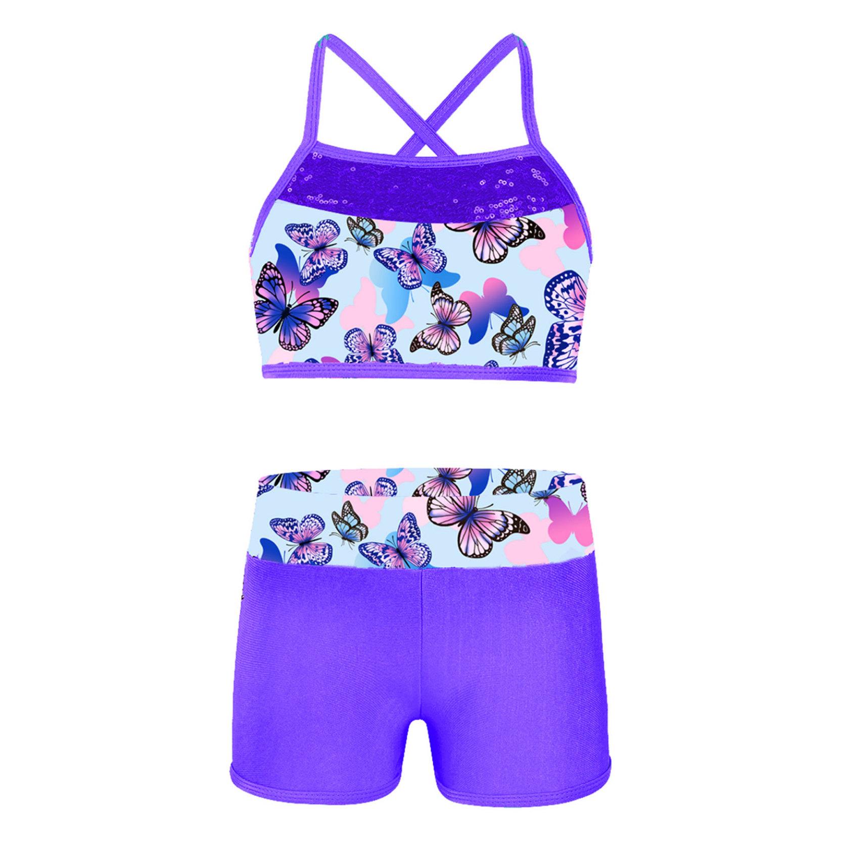 

Детский спортивный костюм для плавания и танцев для девочек, укороченный топ с блестками и бретельками + шорты, одежда для гимнастики 7-8 Years фиолетовый