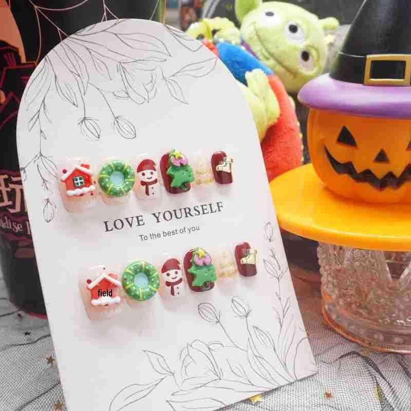 2025 Christmas 3D Cartoon Wearable Nail Art Stickers - Cute Finished Fake Nails N528 Glue Type
