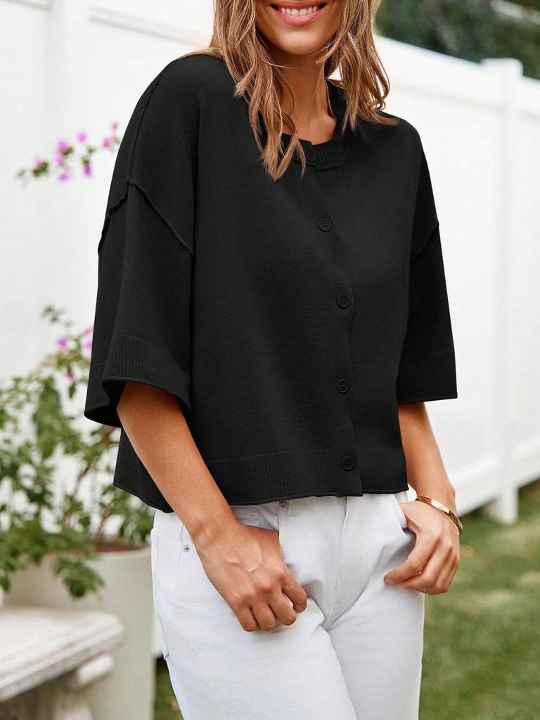 Women's Cropped Button Down Cardigan Sweater Half Sleeve Lightweight Ribbed Knit Top