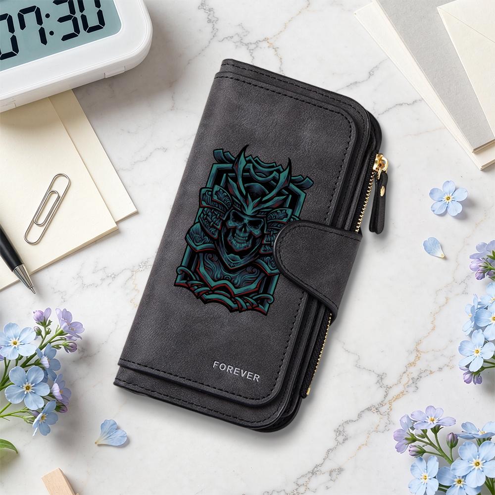 Cool Samurai Skull Print Long Wallet Fashion Casual Portable Card Holder Classic Stylish Daily Use Purse