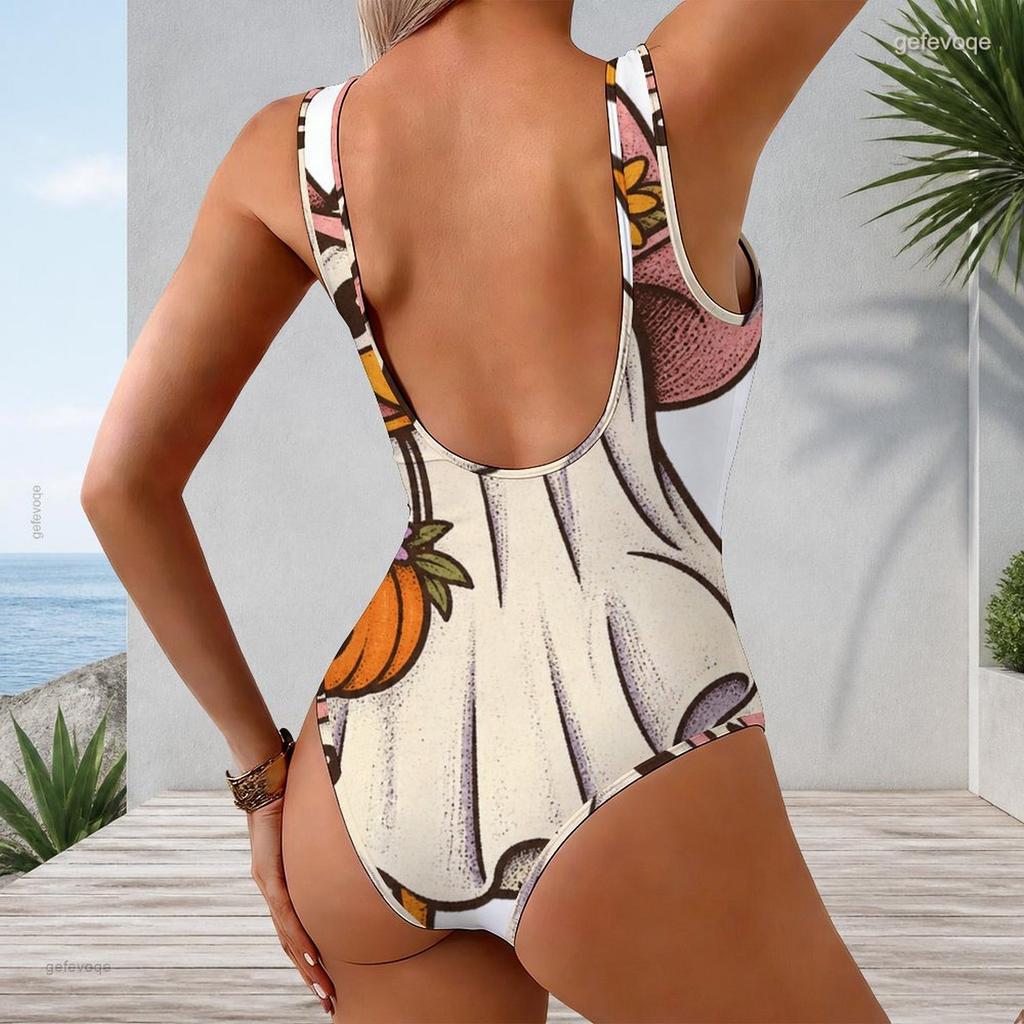 Women Plus Size Sleeveless U Neck Halloween Ghost Pumpkin Print One Piece Swimsuit