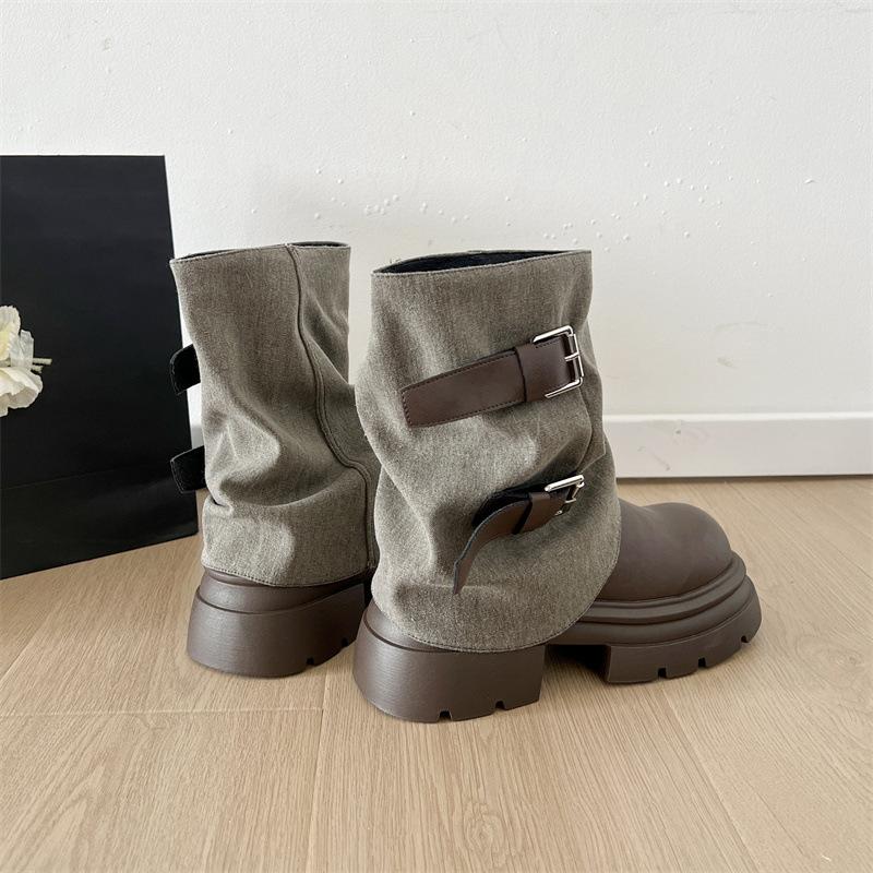 

Black thick-soled heightening sleeve short boots women s autumn 2025 fashion versatile design belt buckle Martin boots 40 коричневый
